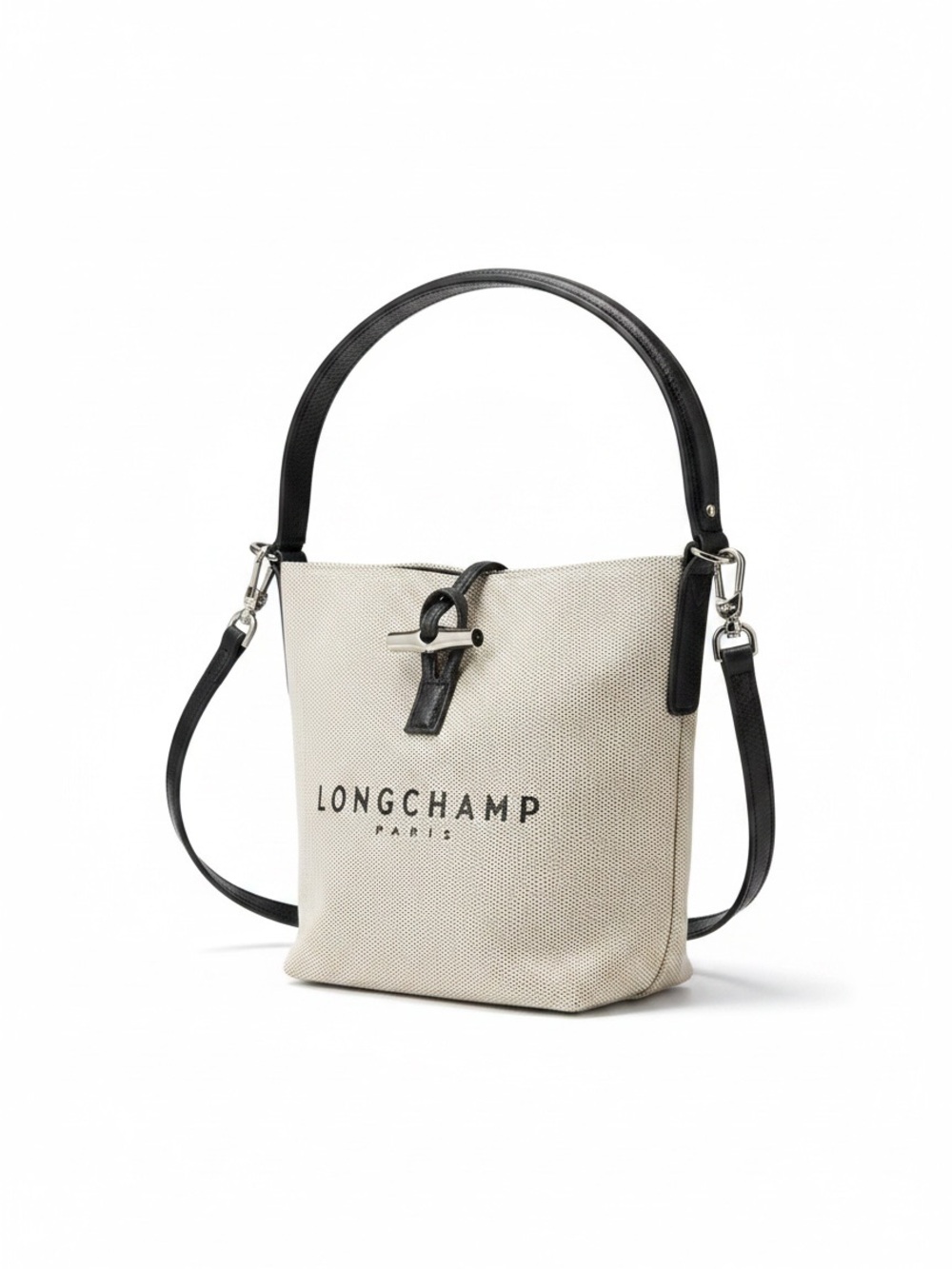 Longchamp Roseau Canvas Bucket Bag XS Black Leather Crossbody Made in France